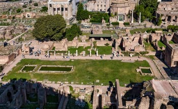 The Atrium of the Vestals House and ponds surrounded by the Vestals' statues, in the Roman Forum in Rome in Italy