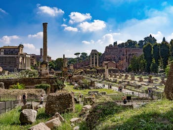 The Roman Forum with the Foca Column and Castor and Pollux Temple in Rome in Italy