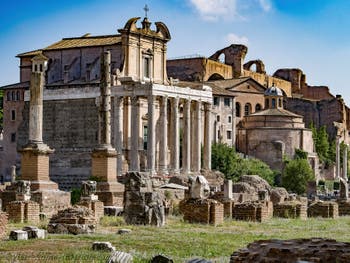 The Temple of Antoninus and Faustina in the Roman Forum in Rome in Italy