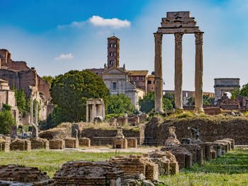 The Temple of Castor and Pollux, the Dioscuri and its three columns at the Roman Forum in Rome Italy