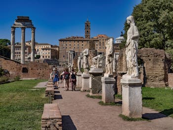 The Vestals' Statues along the Vestals Atrium in the Roman Forum in Rome in Italy