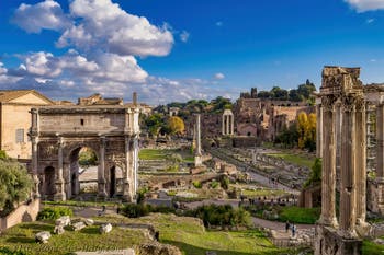 The Roman Forum with the Septimius Severus Triumphal Arch, the Foca Column and Castor and Pollux Temple in Rome in Italy