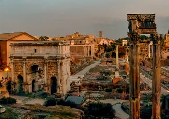 The Via Sacra by night in the centre of the Roman Forum in Rome in Italy