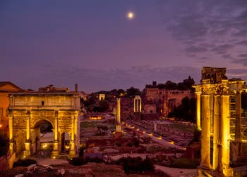 The Roman Forum with the Septimius Severus Triumphal Arch and the Concord Temple in Rome in Italy