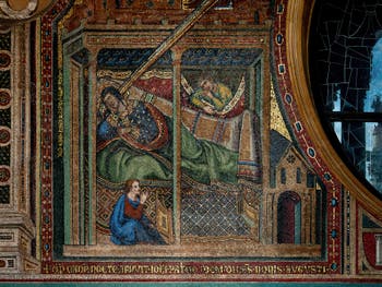 Mosaic by Gaddo Gaddi, apparition of the Virgin in a dream to the patrician Giovanni, lodge for the blessings of the Basilica of Saint Mary Major