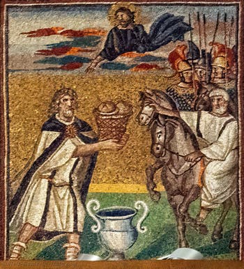 Melchisedech offers the bread and wine to Abraham, a gesture noticed by the Lord in the clouds, Mosaics on the left side in the Basilica of Saint Mary Major in Rome