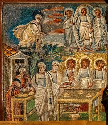 The Lord appears to Abraham in the valley of Mambre, Abraham asks Sarah to prepare three fouaces and offers them to the three men at his table, Mosaics on the left side in the Basilica of Saint Mary Major in Rome