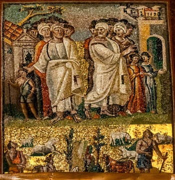 Abraham and Lot leave each other, two groups of animals with their shepherds, Mosaics left lateral side in the Basilica of Saint Mary Major in Rome