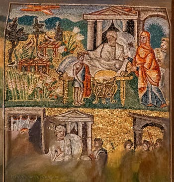 Isaac blesses Jacob in front of Rebecca, Esau presents the fruit of his hunt to Isaac, Mosaics on the left side in the Basilica of Saint Mary Major in Rome