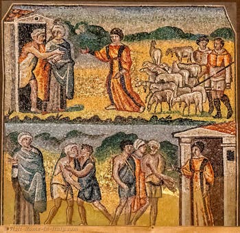 Rachel announces Jacob's arrival to her father Laban, Laban embraces Jacob and takes him home, Mosaics on the left side in the Basilica of Saint Mary Major in Rome