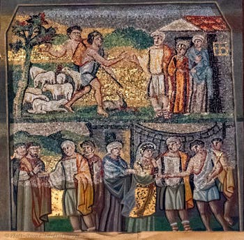Jacob asks Laban for Rachel's hand, wedding of Jacob and Rachel, Mosaics on the left side in the Basilica of Saint Mary Major in Rome