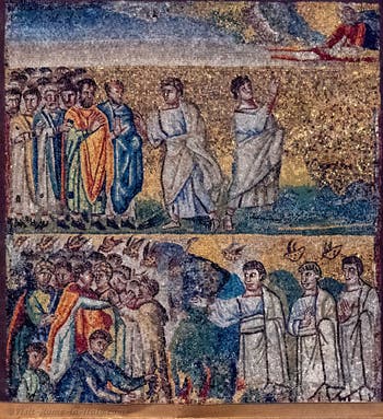 Sedition of the people of Israel against Moses and Aaron, God speaks to Moses and below, the rain of manna and quails in the desert, Mosaics right lateral side in the Basilica of Saint Mary Major in Rome