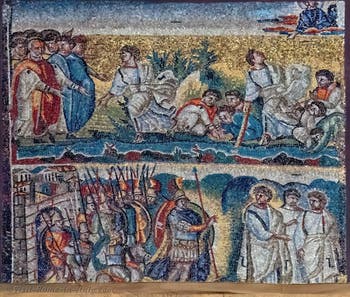 The people of Israel complain of thirst, Moses asks the Lord for help, the Amalekites block Moses, Mosaics on the right side in the Basilica of Saint Mary Major in Rome