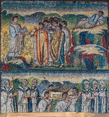 Moses hands over the tablets of the law, death of Moses on Mount Nebo, Mosaics on the right side in the Basilica of Saint Mary Major in Rome