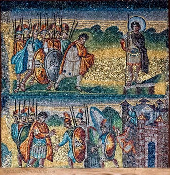 Apparition of the Angel to Joshua, flight of the scouts from Jericho, Mosaics on the right side in the Basilica of Saint Mary Major in Rome