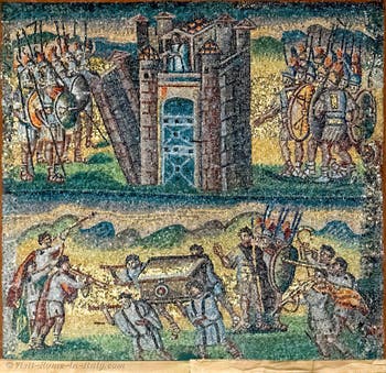 Joshua facing the leader of the army of the Lord, flight and return of the spies, Mosaics right lateral side in the Basilica of Saint Mary Major in Rome
