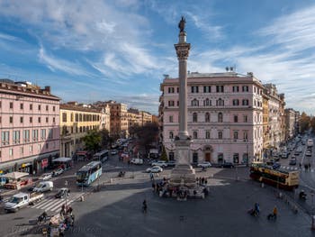 Roman column surmounted by a statue of the Virgin in the square of Saint Mary Major in Rome