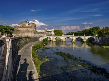 The Castel Sant'Angelo along Tiber river and Sant'Angelo Bridge in Rome in Italy