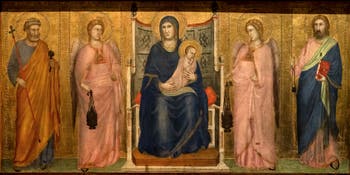 Giotto di Bondone, Stefaneschi Triptych, the Virgin Mary and Child Jesus on the throne surrounded by two angels, at the Vatican Museum in Rome