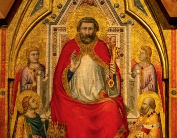Giotto di Bondone, Stefaneschi Triptych, Saint Peter on the throne and four saints, at the Vatican Museum in Rome