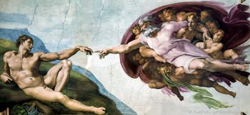 Michelangelo Sistine Chapel ceiling frescoes, the Creation of Adam, in the Vatican City in Rome