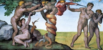Michelangelo Sistine Chapel ceiling frescoes, Adam and Eve driven out of the Earth's Paradise, in the Vatican City in Rome